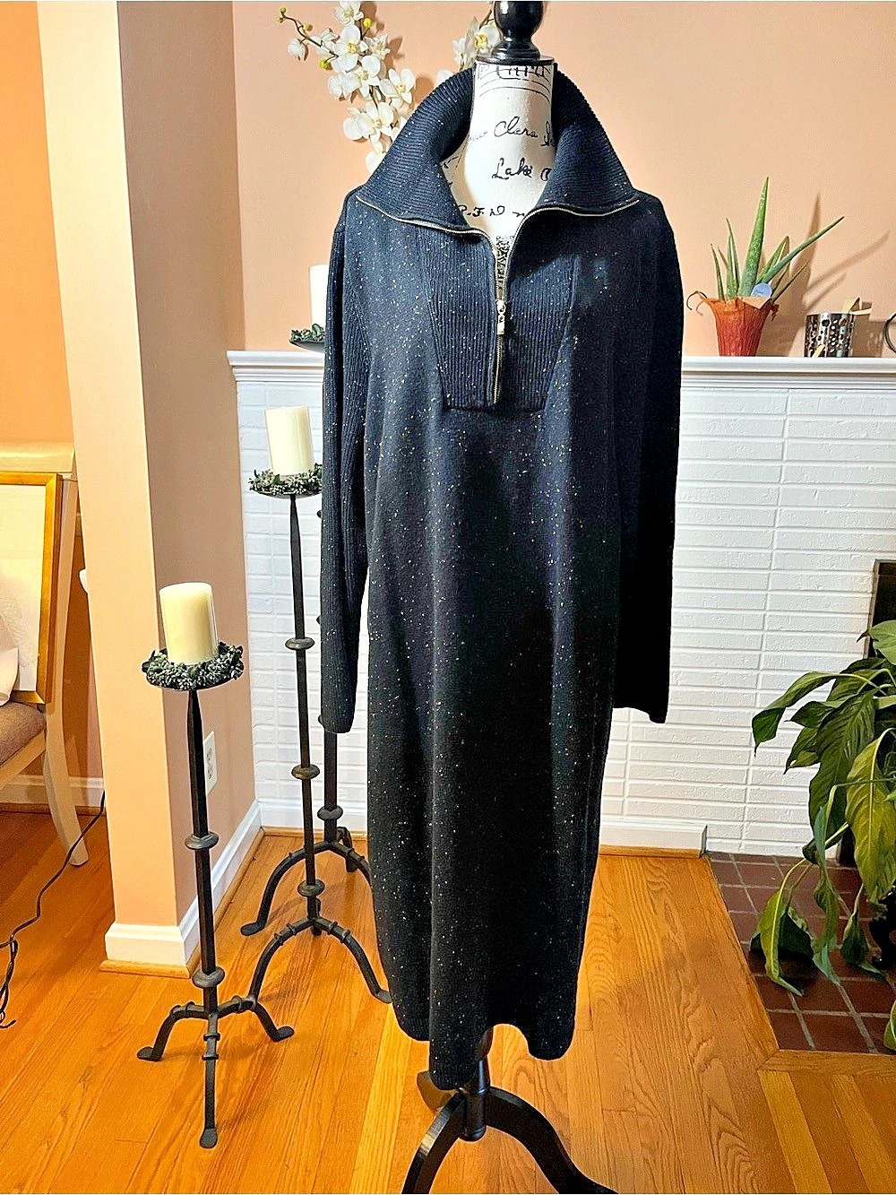 Black Background with Multi Color Accents with Ribbed Knit Collar and Half-Zip